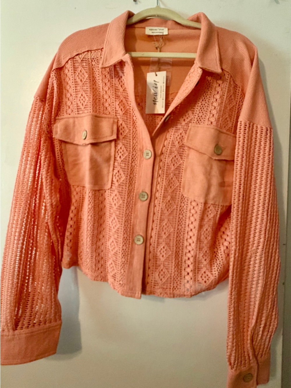 New In Coral Crochet Button-Down Shirt Jacket